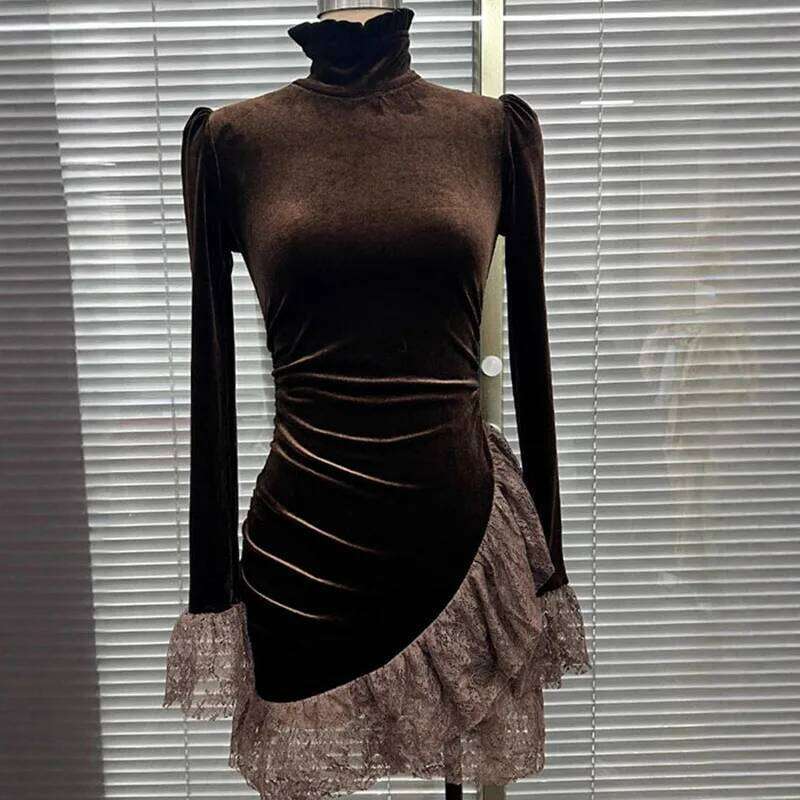 Elegant Turtleneck Solid Velvet Evening Woman Sexy Patchwork Lace Slim Mini Autumn Flare Long Sleeve Lady Hips Dress