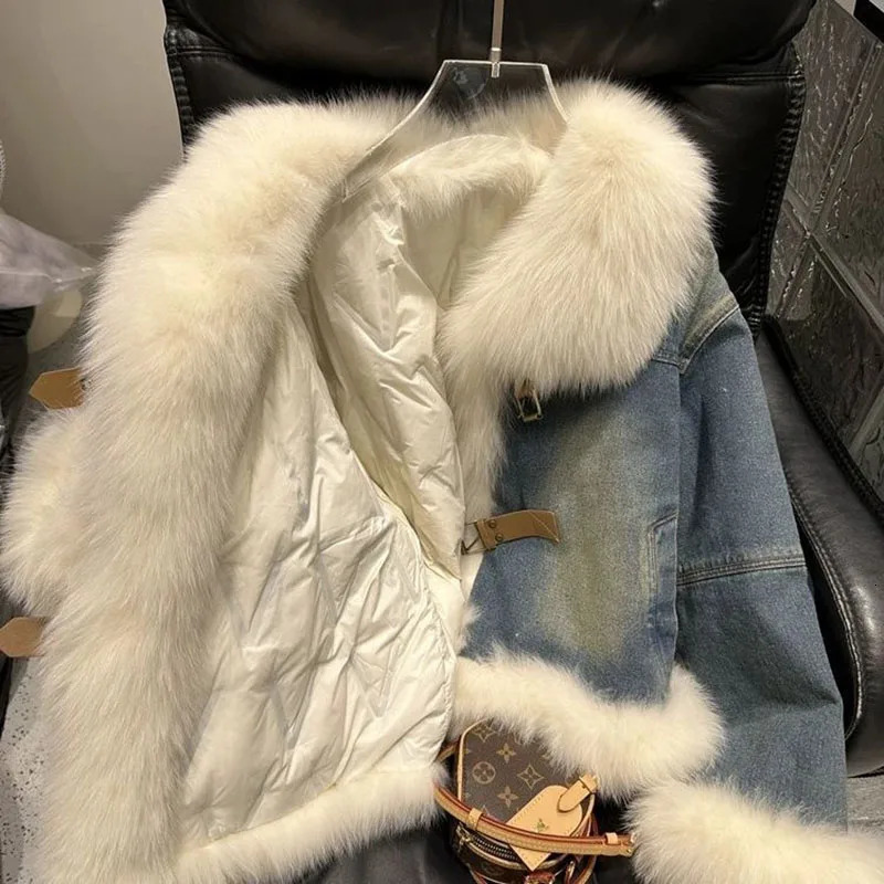 Large Fur Collar Denim Jacket Outwear Duck Down Liner Sort Motorcycle 2024 Winter Thick Warm Parka 260120