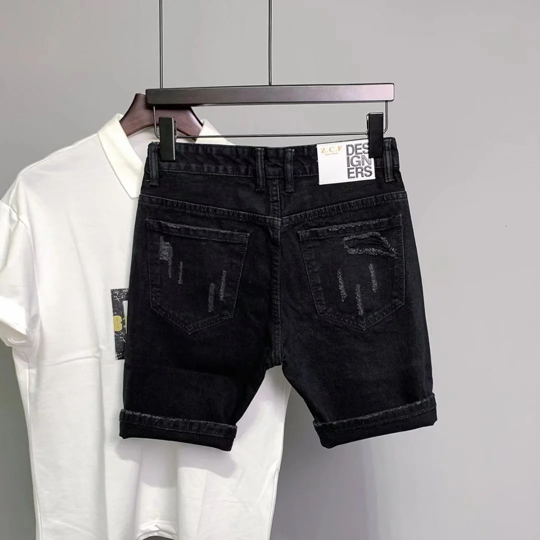 Summer Mens Black Hole Stickers Slim Denim Short Pants Korean Fashion Hip Hop Leggings Harajuku Men Jeans Shorts 260126