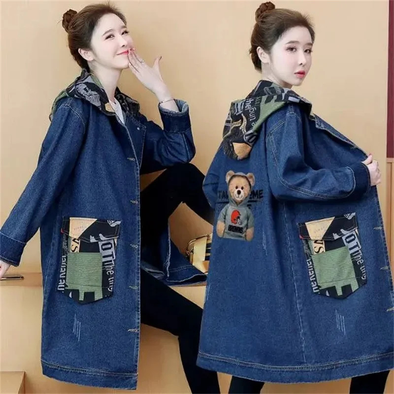 2025 Spring Autumn Denim Jacket Women Hooded Windbreaker Cartoon Printed Coat Long Outerwear Female Oversize 5XL Loose Overcoat 260120