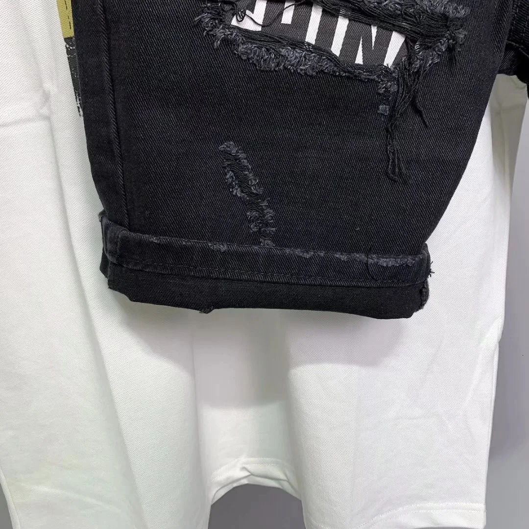 Summer Mens Black Hole Stickers Slim Denim Short Pants Korean Fashion Hip Hop Leggings Harajuku Men Jeans Shorts 260126