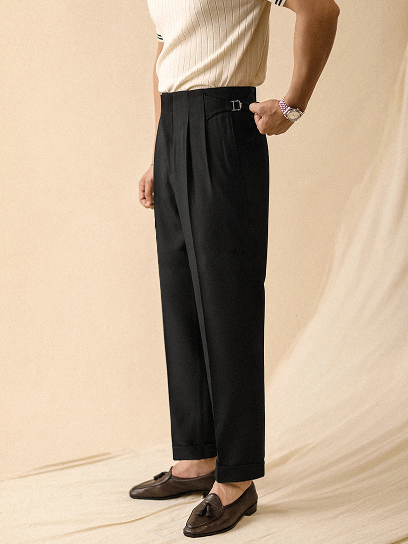 FallWinter 2025 Mens Elegant Italian Neapolitan High Waist Wide Leg Pants with Tucks And Buttons Business Casual Style 260120