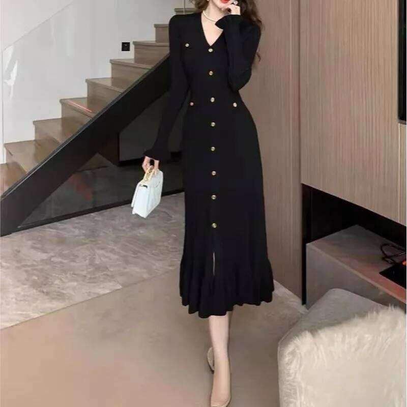 Solid Color Temperament Ruffle Edge Autumn Winter New Women's V-neck Button Long-sleeved Fishtail Knitted Fitted Dress XJ260131