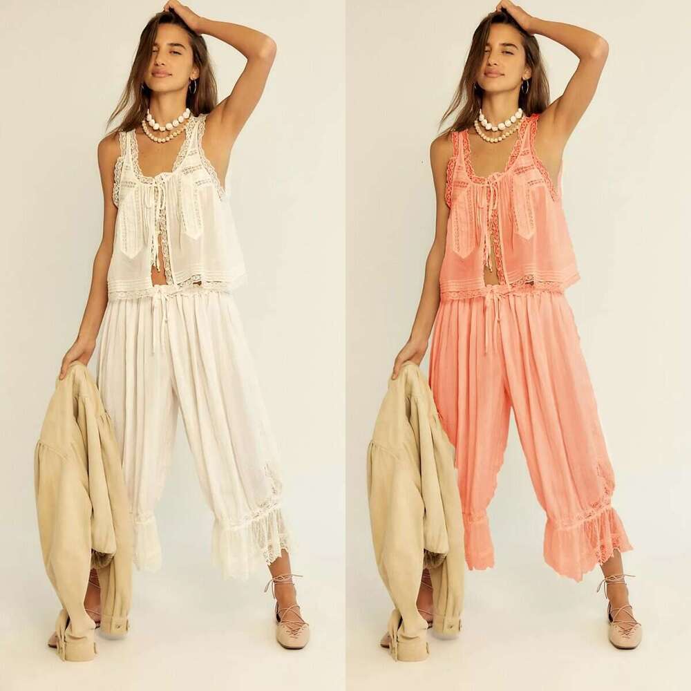 European and American Cross-Border 101.3kg Piece Women's Outfit Nine-Point Pants with Lace Trim Vest Y2K Casual Set