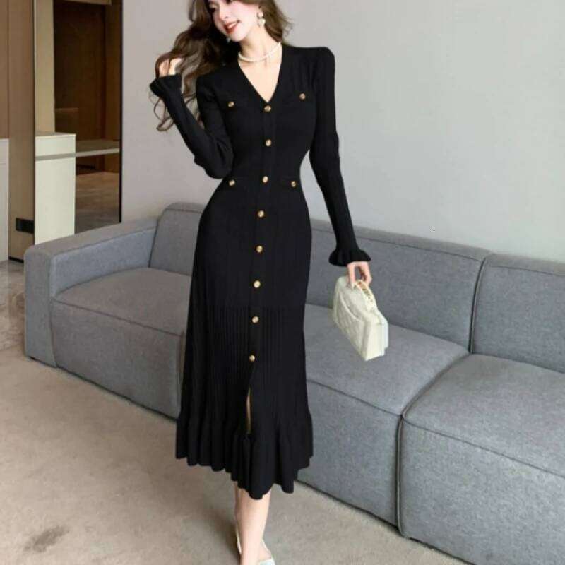 Solid Color Temperament Ruffle Edge Autumn Winter New Women's V-neck Button Long-sleeved Fishtail Knitted Fitted Dress XJ260131