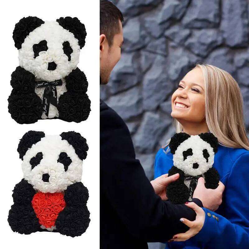 Rose Flower Teddy Bear with Heart/ Bowtie Handmade Panda Doll for Valentine's Day Birthdays Bridal Showers Party Gifts 25cm Y260131