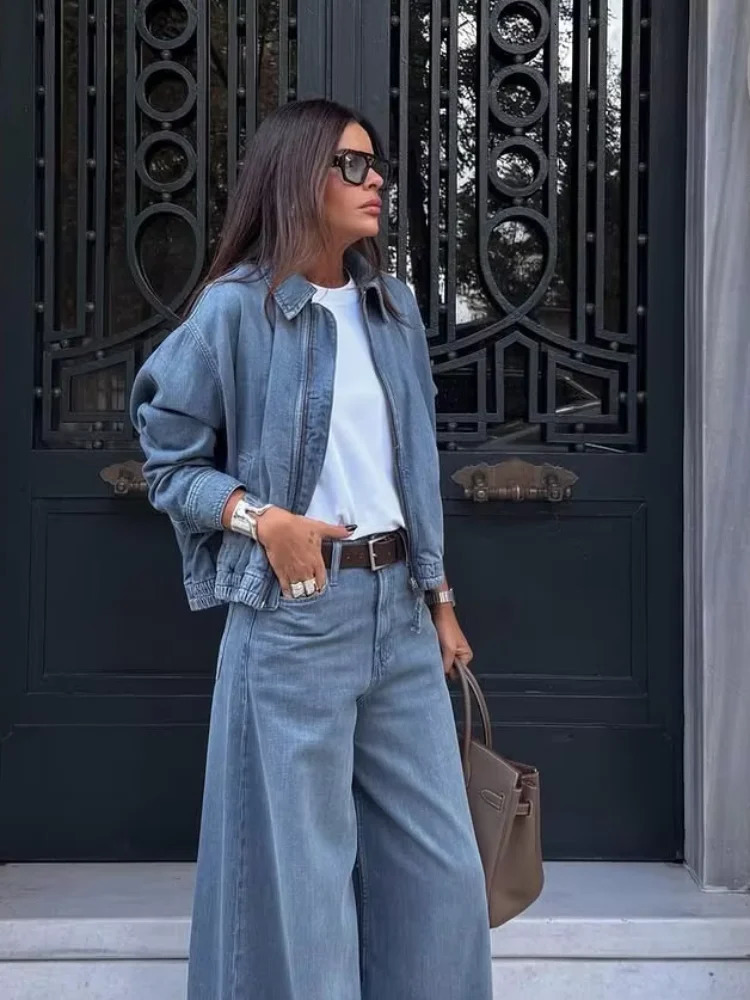 Women Chic Blue Washed Denim Short Jacket Fashion Lapel Zipper Full Sleeve Loose Jackets 2026 Lady Daily High Streert Outwears 260120