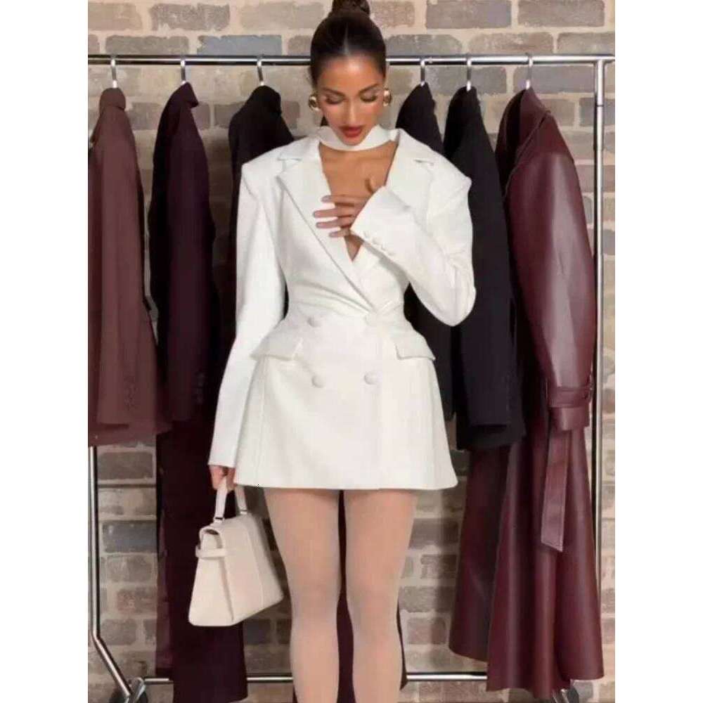 Chic Waist Cinching Women Mini Dress Fashion Full Sleeve Deep V-Neck Double Breasted Short Dresses Lady Daily Party Street Gown