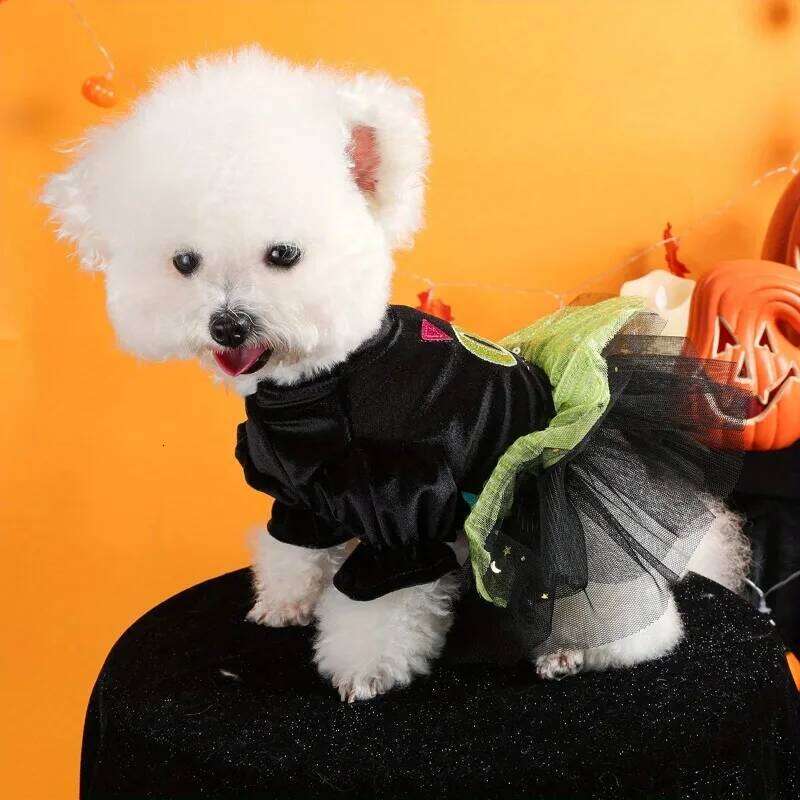 Cute Halloween Gauze Pet Clothes Dog Cat Black Thickened Thermal Funny Green Splicing Open Button Dress H260130