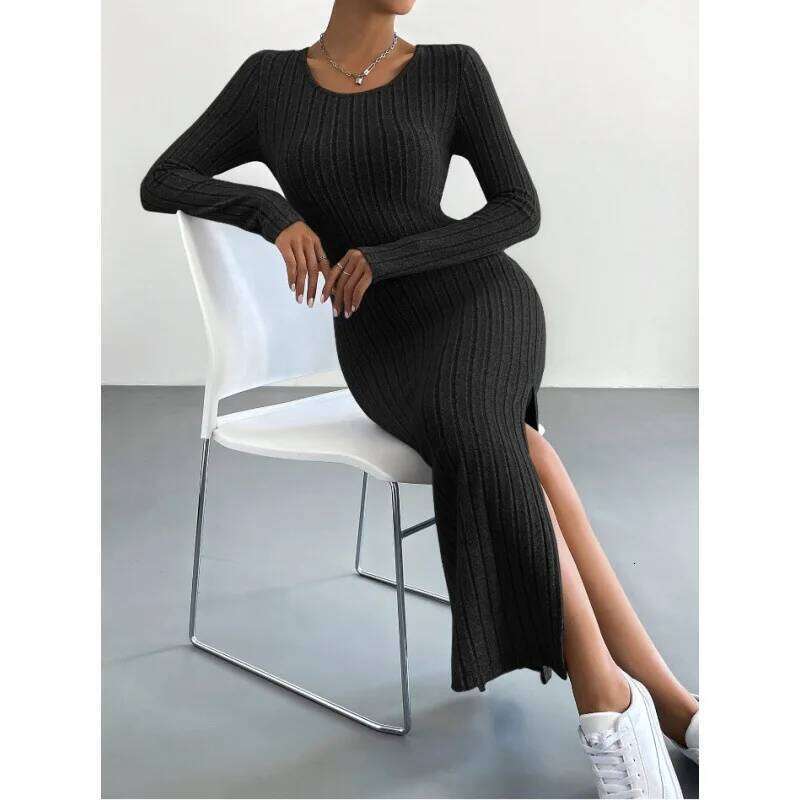 Women's Autumn French Plain Stripe Split Long Sleeve Scoop Neck Bodycon Full Length Maxi Casual Dresses XJ260131