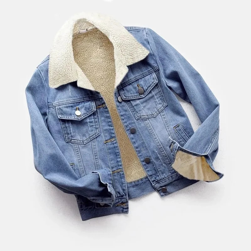 Fleece Warm Winter Jean Jacket Female Pockets Button Soft 2024 Outerwear Fashion Slim Denim Coats For Women 260120