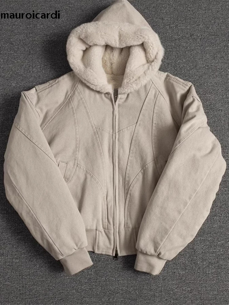Mauroicardi Autumn Winter Short Thickened Warm Oversized Canvas Washed Padded Jacket with Faux Fur Inside Loose Casual Hoodie 260122