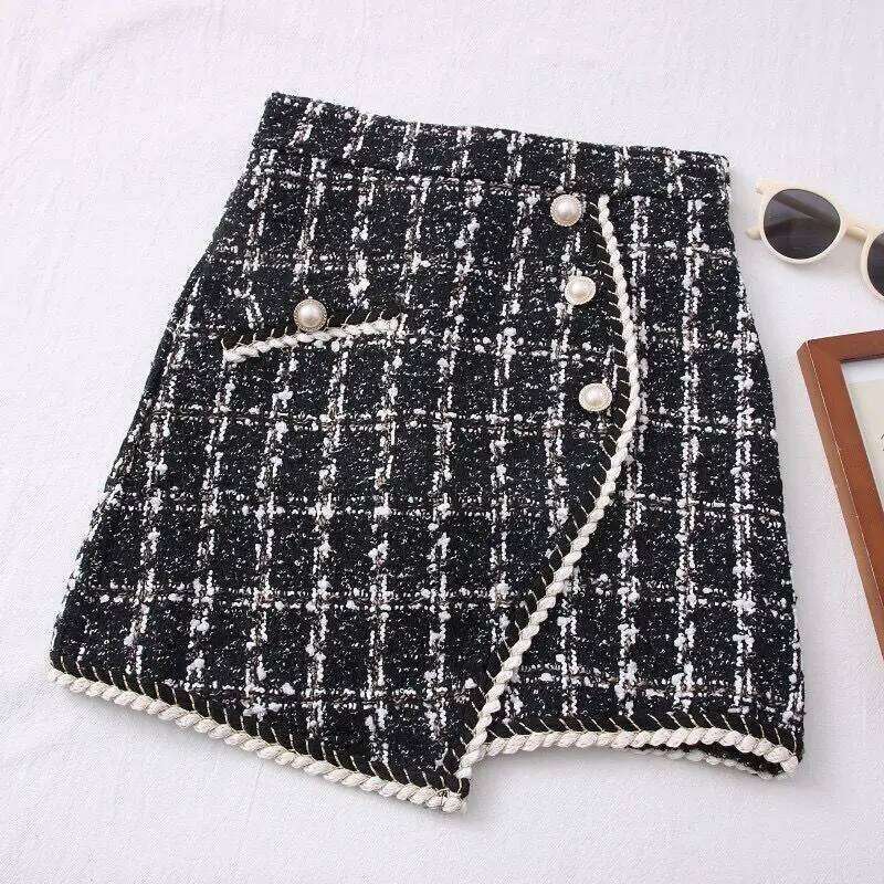 for Women Solid High Waist Slimming Skirts Autumn Spring 2021 Buttons Double Breasted Tweed Wool Mini Skirt XJ260131