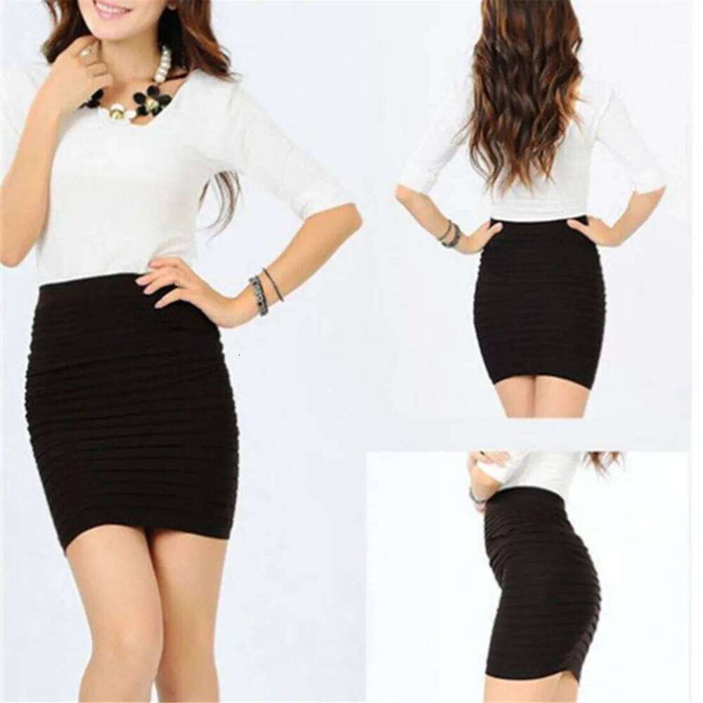 Summer Women High Waist Pleated Candy Color Knitted Elastic Mini Skirt Sexy Office Lady Short Skirts Black red XJ260131