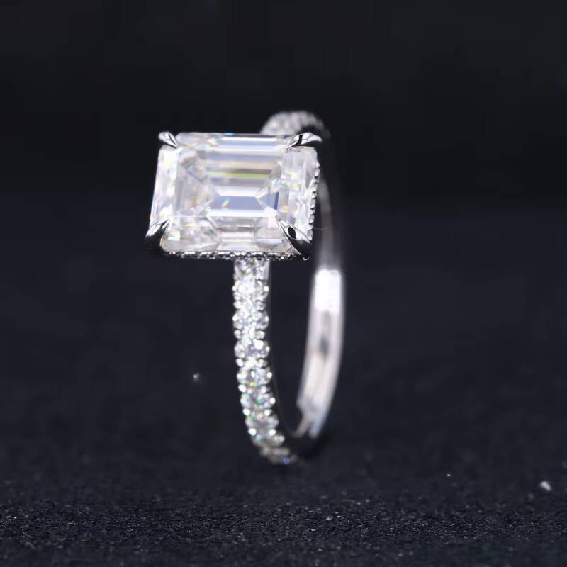 Starsgem 14k White Solid Gold Lab Grown Diamond halo 9x7mm Emerald Cut Moissanite Engagement Ring