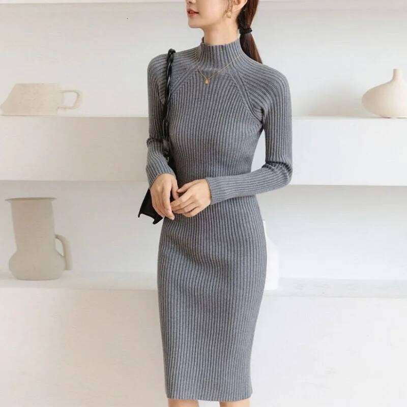 Autumn Winter Half High Collar Dress Sweater Knitted Skirt Women Midi Korean Over the Knee Slim Solid All-match Bodycon Dresses XJ260131