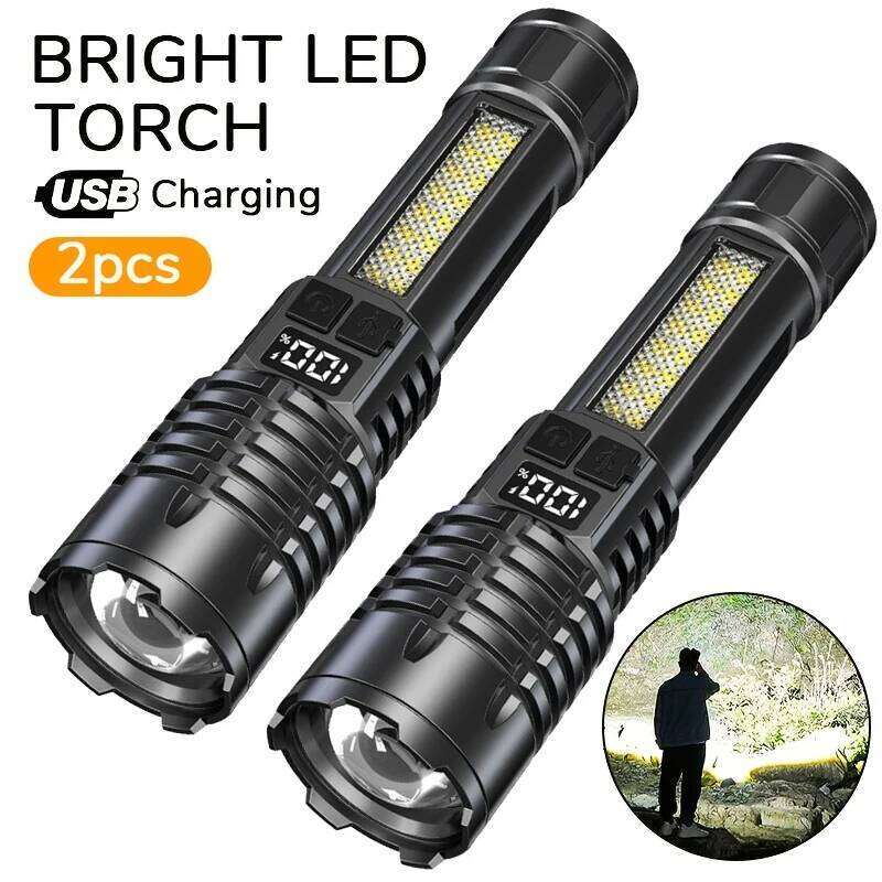 Powerful LED Flashlight Type C Rechargeable Waterproof Torch with Side Light 5 Modes Zoomable Lamp for Camping Fishing Lantern H260131