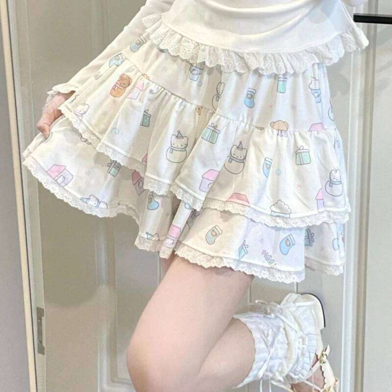 Kawaii Japanese Style Mini Skirt Women Harajuku Lolita Lace Pleated Sweet Cute Y2k Ruffles Cake Layered Skirts XJ260131