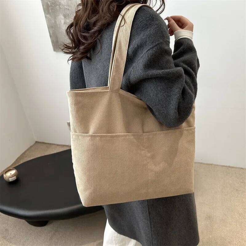 Simple Large Capacity Tote Women Shoulder Bag Retro Corduroy Ladies Shopping Commuter Underarm Bags Female Multi-Pocket Handbags Xiu Lai Si