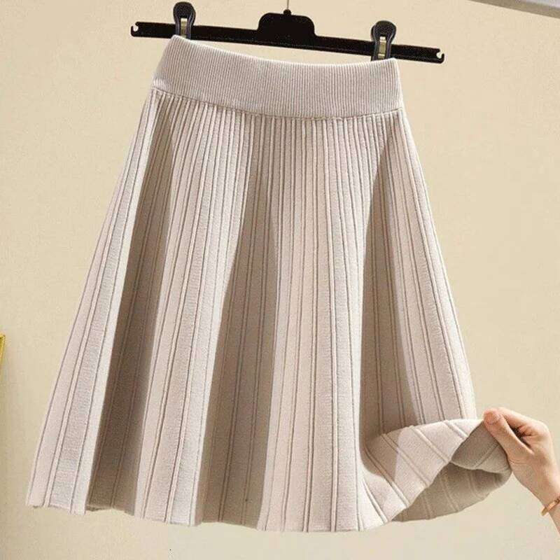 Fashion Elastic High Waist Knitting Women All Match Solid Color A Line Pleated Skirt Woman Trend Mini Skirts Female XJ260131