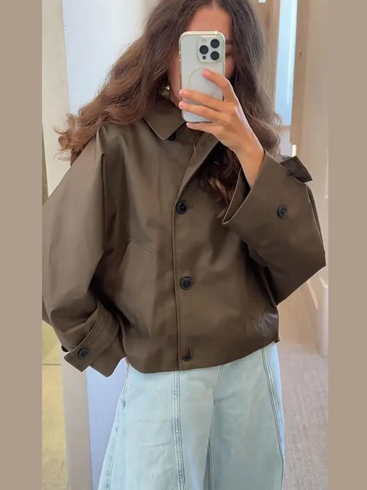 Casual Womens Hooded Cropped Trench Coat Loose Lapel Single Breasted Full Sleeve Jacket Female 2025 Autumn Lady Street Outwears 260120