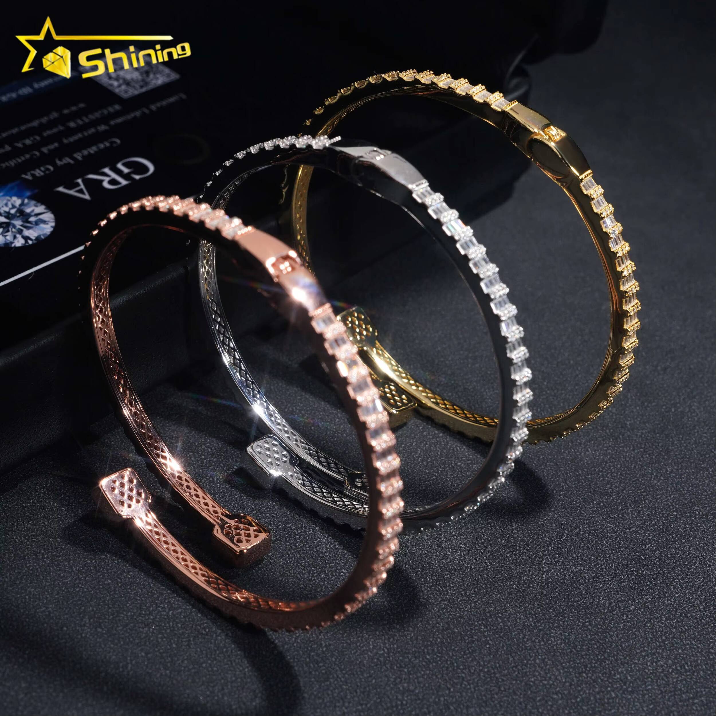 Ready Shipping Fine Jewelry S925 Silver Gold Plated VVS Baguette Moissanite Diamond Bangle Bracelet GRA Certificated