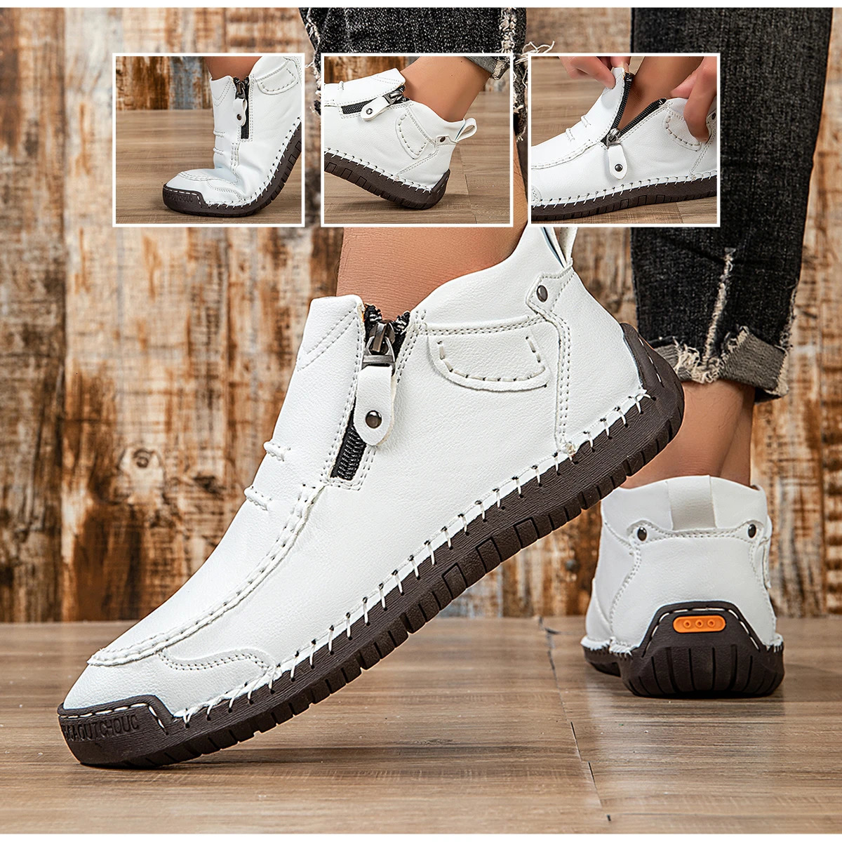 Classic Handmade Leather Mens Shoes with Zipper Outdoor Sneakers Casual Flat Shoes Men Work Shoes Ankle Boots 260126