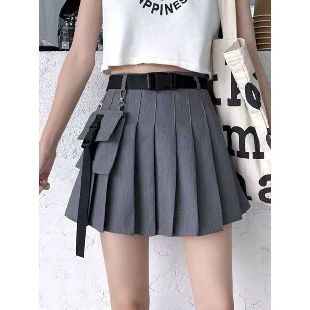 Zoki Harajuku Belt Pleated Cargo Women Gothic High Waist Pocket Mini Skirts Fashion Summer Lady A Line Black Skirt XJ260131