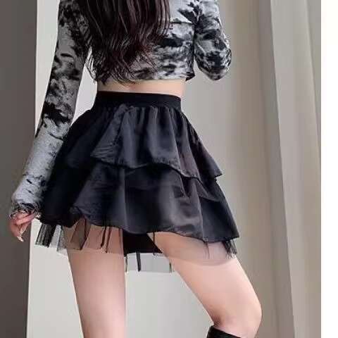 Y2K Pure Desire Yabi Style Culture Multi-layer Mesh Puffy High-waisted Elastic A-line Black Short Skirt for Spring and Autumn