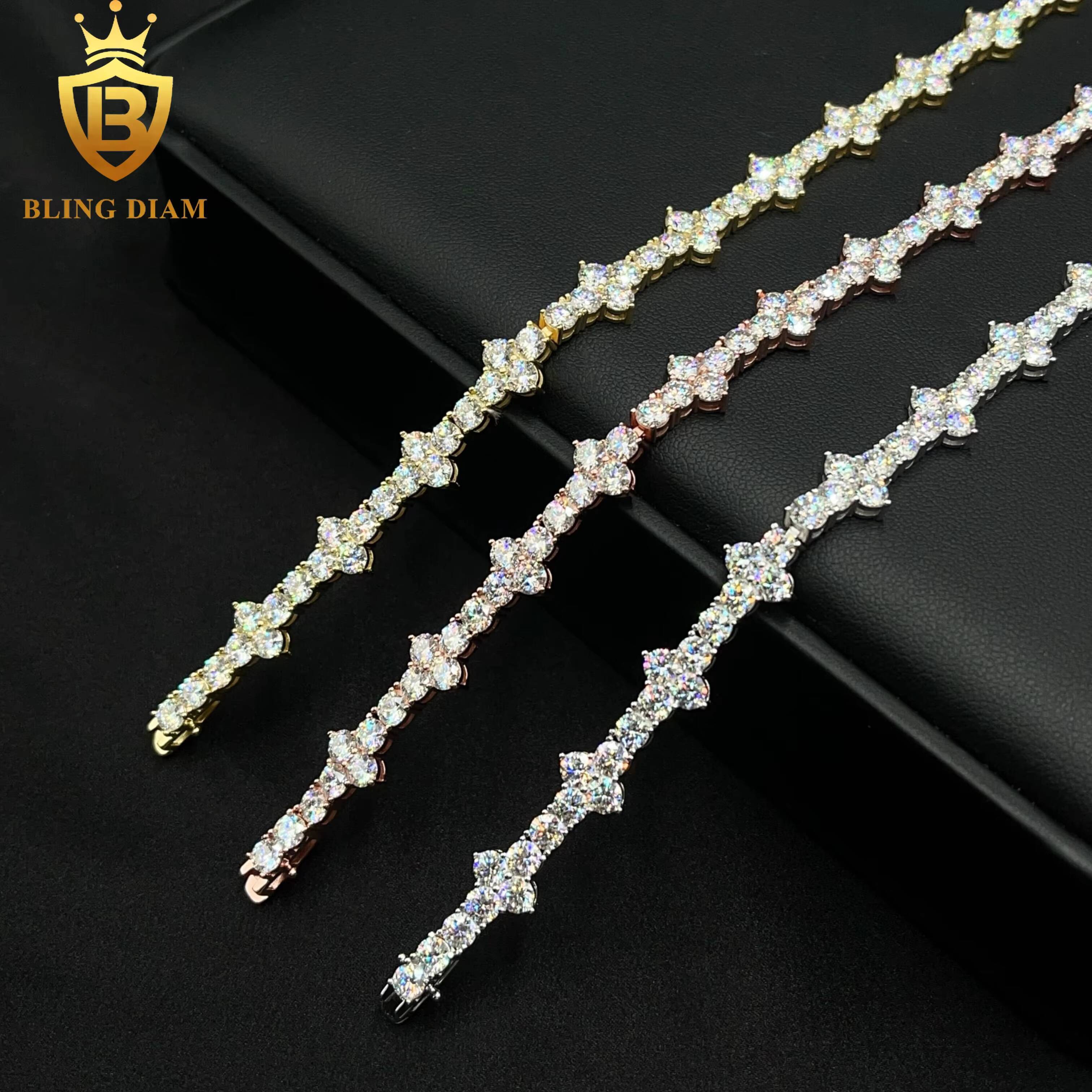 4mm Hip Hop Fine Jewelry 925 Sterling Silver Vvs Moissanite Diamond Cross Tennis Chain Bracelet