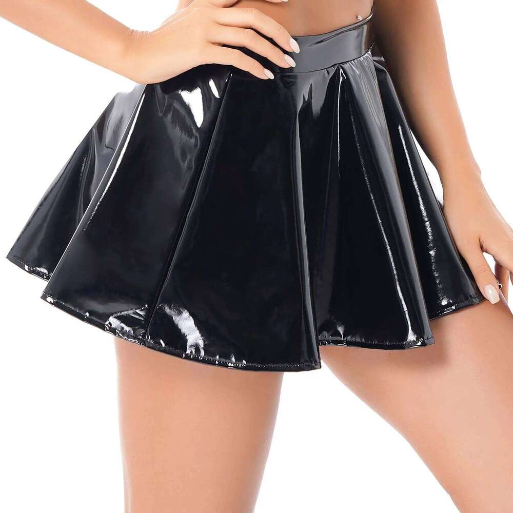 Womens Latex Flared Skirt for Rave Party Club Dance Stage Performance Costume Clubwear Woman Wetlook Patent Leather Mini Skirts XJ260131