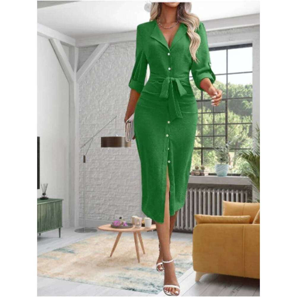 Lady Button Lapel Long Sleeved Solid Color Women's Lace Up High Street Fashion Autumn Spring Elegant Dress XJ260131
