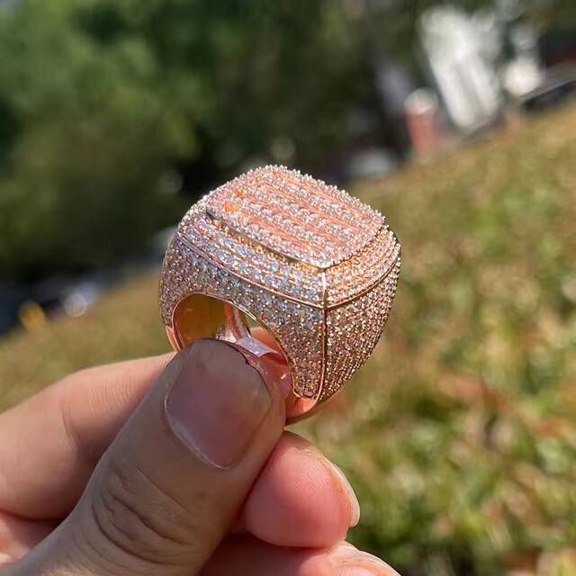 Roise Mens Cross-Border European American Style Hip-Hop Square Ladder Silver Geometric Gold Plated Natural vvs moissanite Fashion Ring