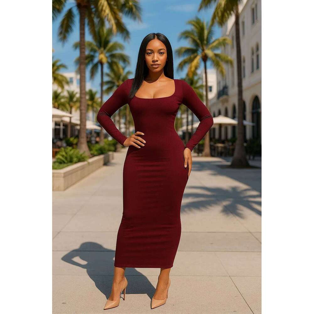 Chic Basic Minimalist Scoop Neck Long Dress - Ankle-Length Knit XJ260131