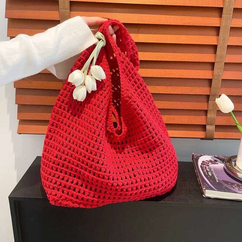 Trendy Sweet Crochet Shoulder Bag with Tulip Pendant Leisure Beach Hollow Handbag Women Vacation Casual Woven Totes XJ260130