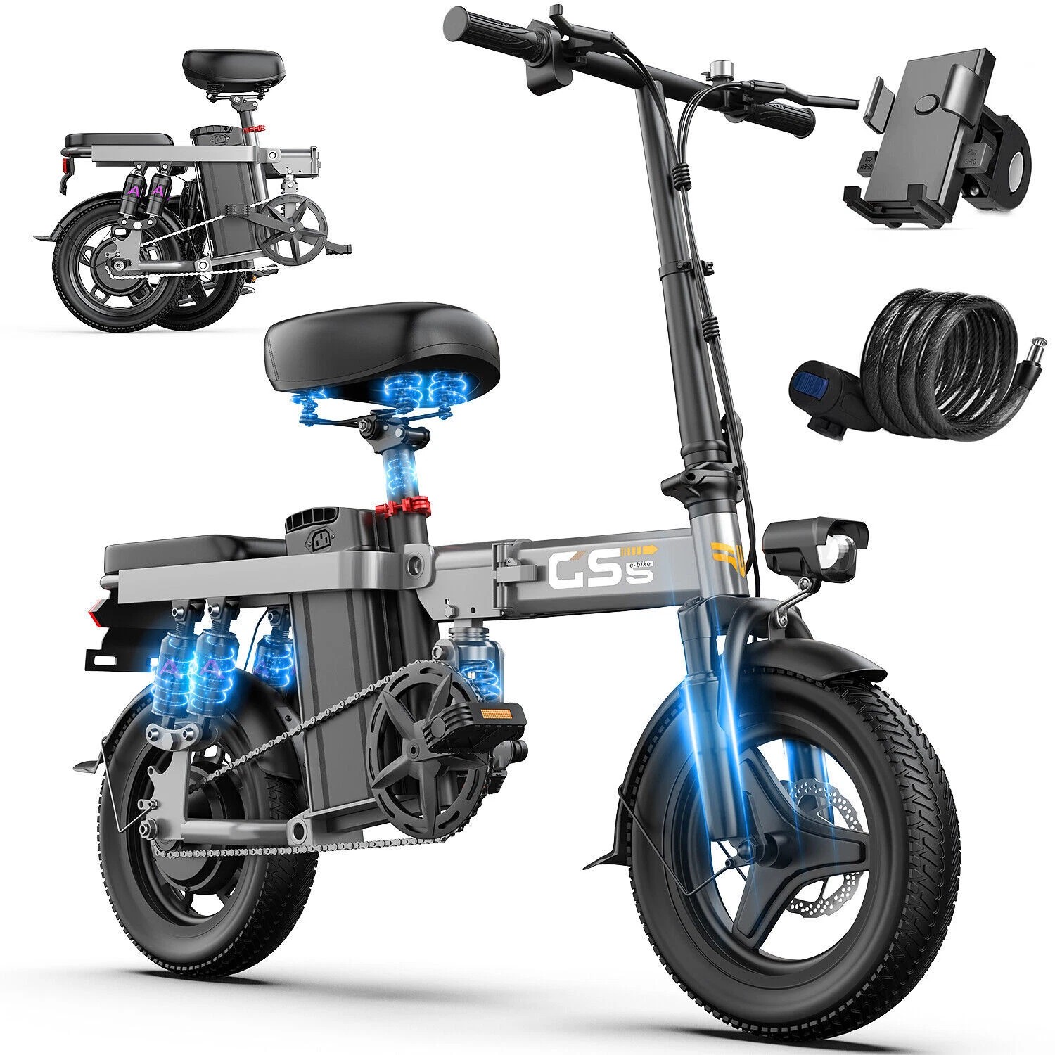 GS5 14 inch Folding Electric Bike for Adults 740W PEAK 48V/15AH 20MPH City Commuter E-bike Lightweight Bicycle