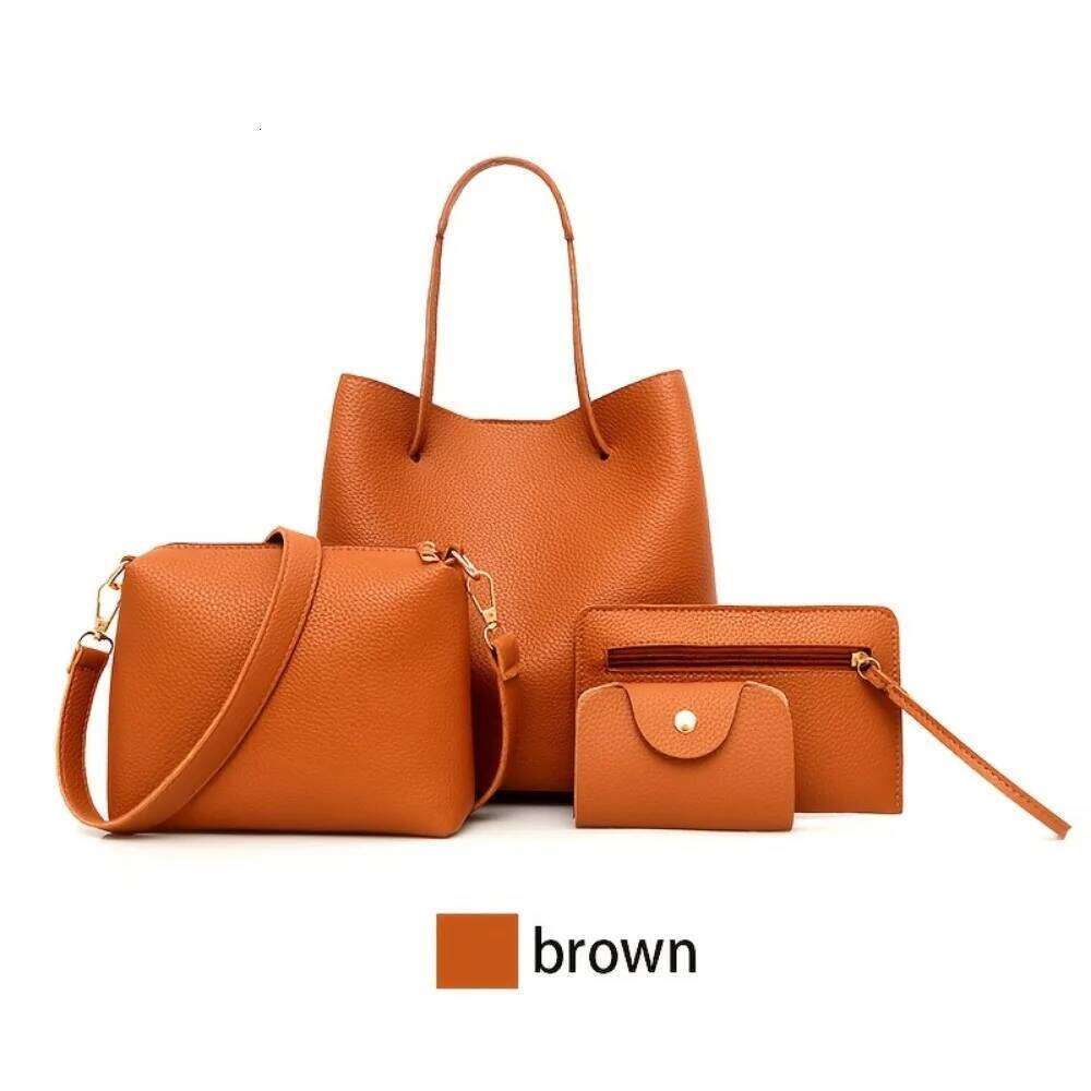 New 4pc Large Capacity Leather Handbag Solid Color Lychee Texture Shoulder Bucket Bag Purse