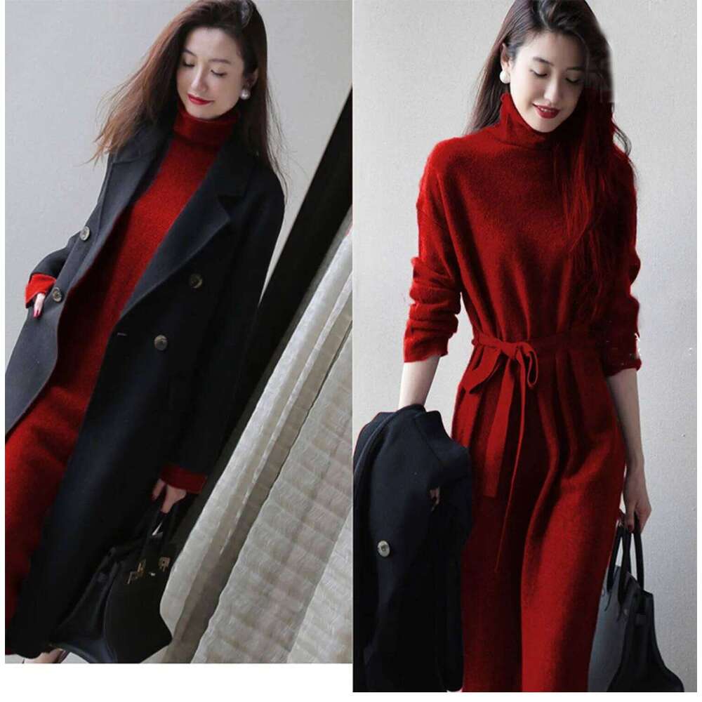Turtleneck Knit Bottoming Dress Women's Spring And Autumn Coat New Temperament Knee-Length Sweater Long Skirt XJ260131