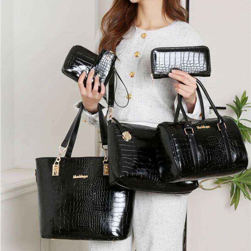 6pcs Vintage Women's Stylish Lacquer Crocodile Print Leather Handbag set Daily Commute Tote Shoulder Bag For Women Purse