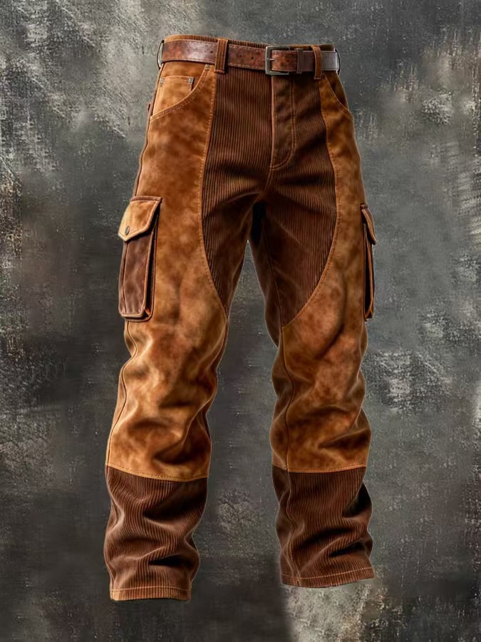 Men's Punk Rock Denim Cargo Pants, Vintage Print & Distressed Workwear Style, Relaxed Straight Leg Jeans