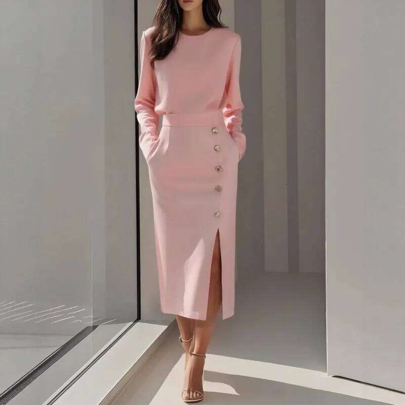 Women's New Solid Color Round Neck Long Sleeve Waist Tying Buttons Decoration Slit Dress Elegant Temperament Fashion Style XJ260131
