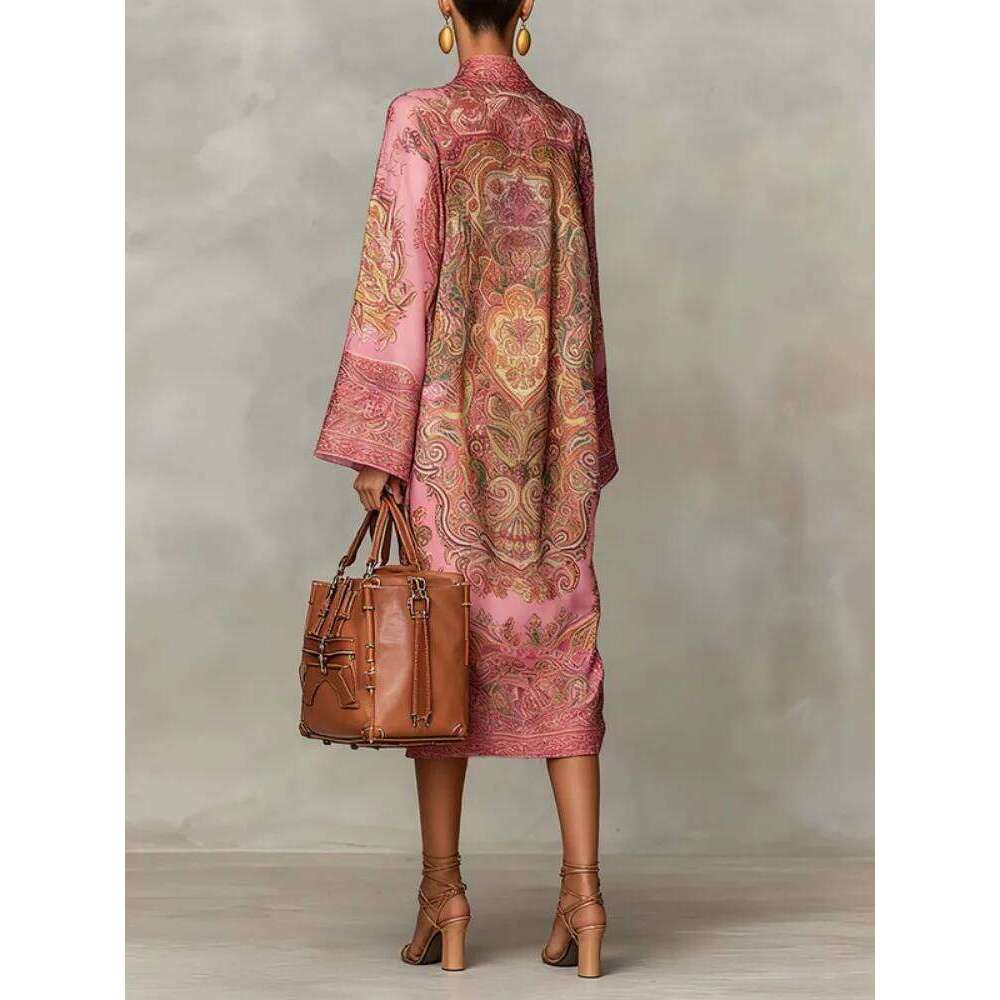 UOOZEE Women's Vintage Printed High Neck Kaftan Dress Long Sleeves Loose Elegant Evening Midi Dresses Robe 2026 New