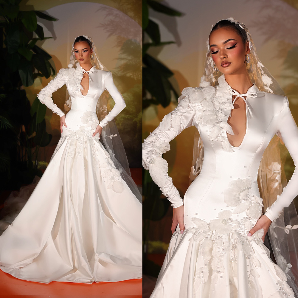 Vintage Mermaid Wedding Dress V Neck Long Sleeves Bridal Gowns 3D Appliques Beaded Sweep Train Dresses Custom Made vestidos de novia