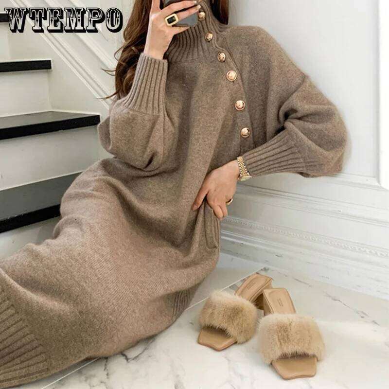 WTEMPO Women's Vintage Sleeve Knitwear Loose Buttoned Turtleneck Sweater Dress Autumn Winter Sexy Mid Long Knitted Dresses XJ260131