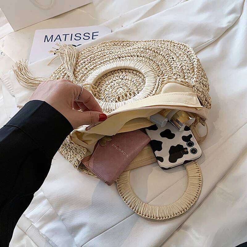 Summer Women Round Rattan Shoulder Handmade Woven Beach Bag Female Large Capacity Tassel Design Handbags XJ260130