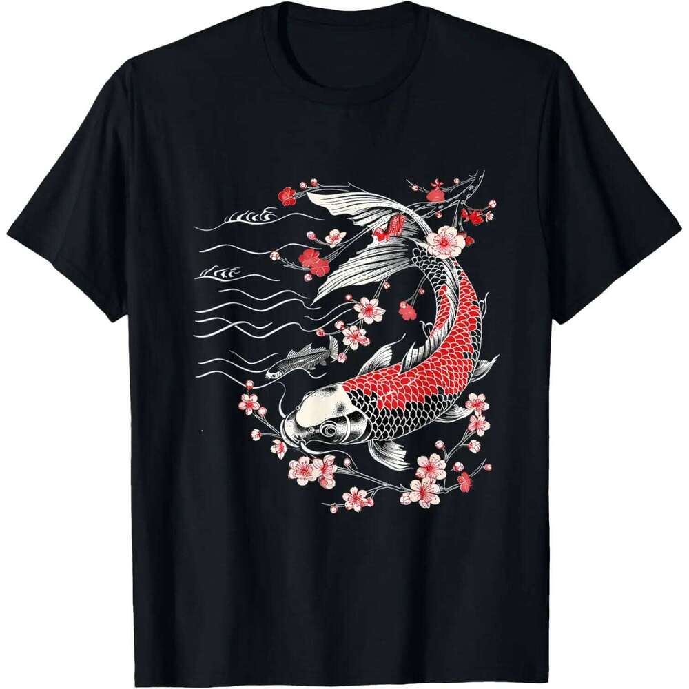Koi Fish And Cherry Blossom Graphic T-Shirt Asian Carp Print Tee Trip Apparel C260131