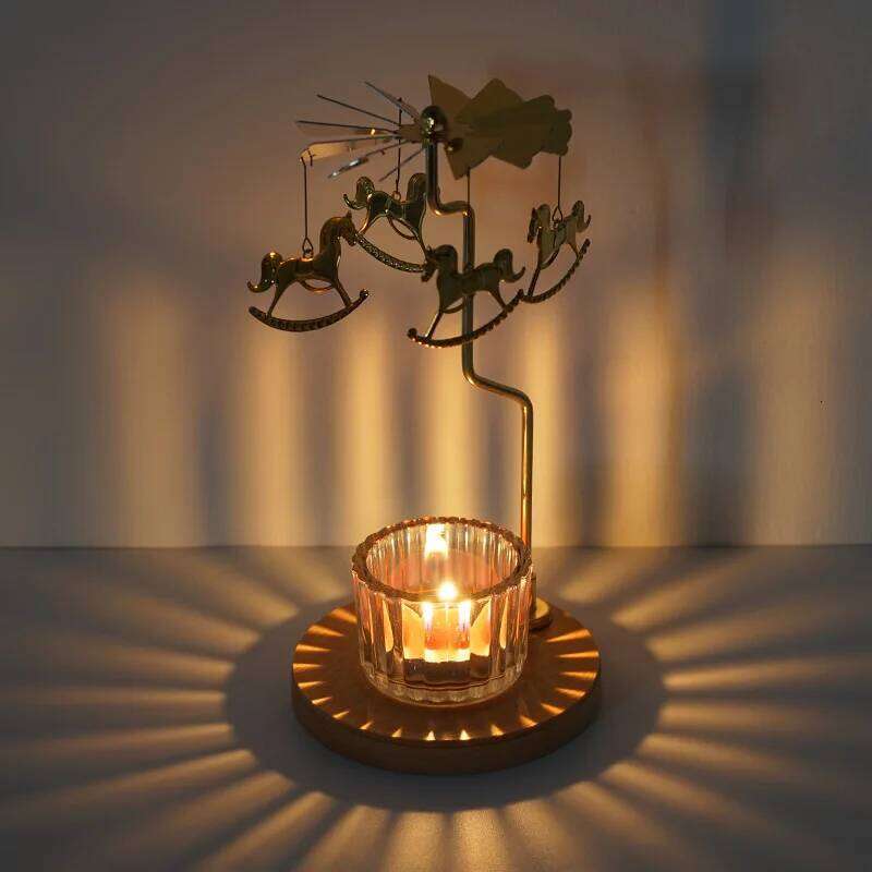 Home Rotating Candle Holder with Wooden Bottom Magnetic Transit Windmill Walking Carousel Horse Lamp Sitting Tray Xmas Snowflake Y260131