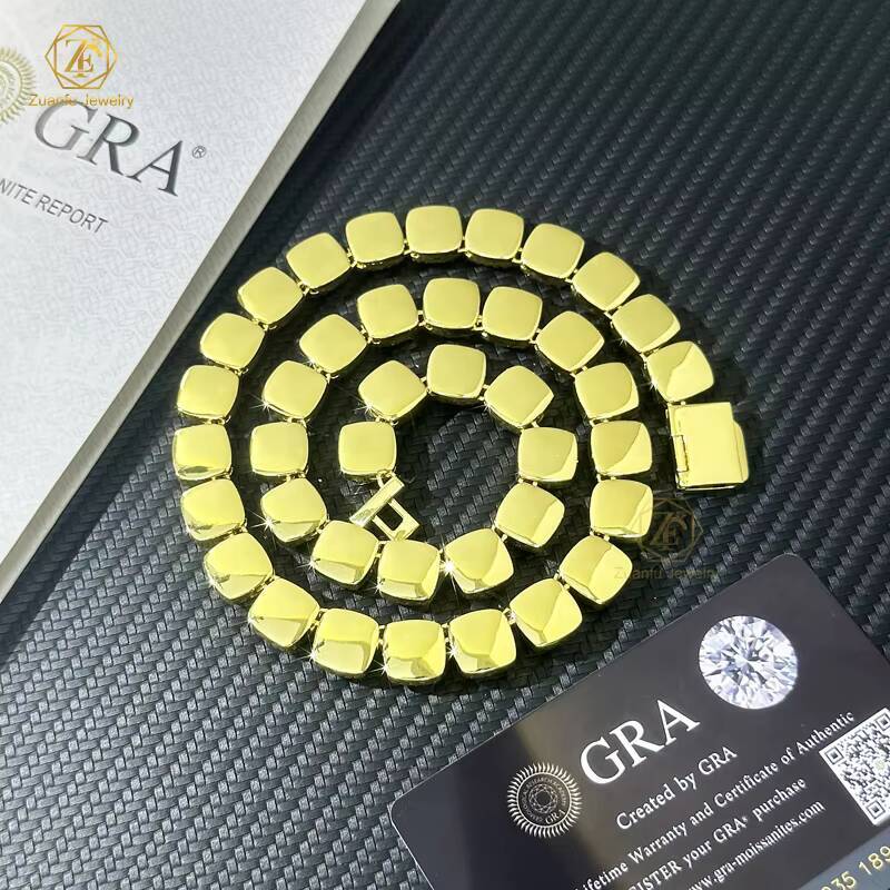 ZUANFO 10mm Iced Out Cuban Link Chain Baguette Cut Moissanite Hip Hop Jewelry Silver Flower Cluster Tennis Necklace