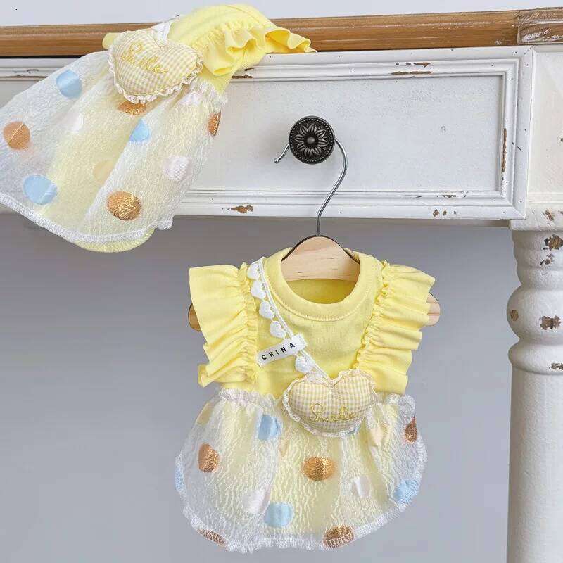 Pet Dot Yellow Heart-shaped Little Fly Sleeve Dress Cat and Four Season Vest Puppy Clothes Dog Dresses for Small Dogs H260130