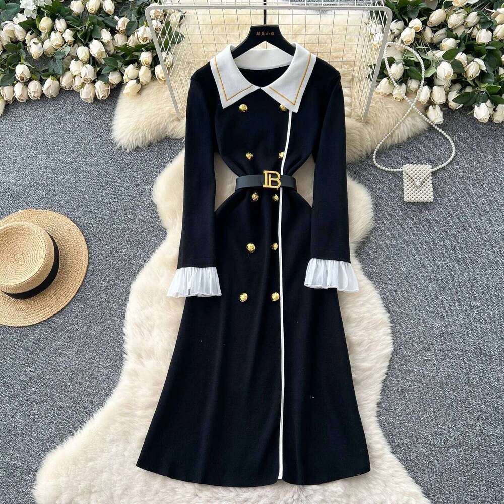 YuooMuoo Brand Fashion Aesthetic Knitted Long Autumn Winter Women Elegant Double-breasted Shirt Sweater Dress Lady Vestido XJ260131